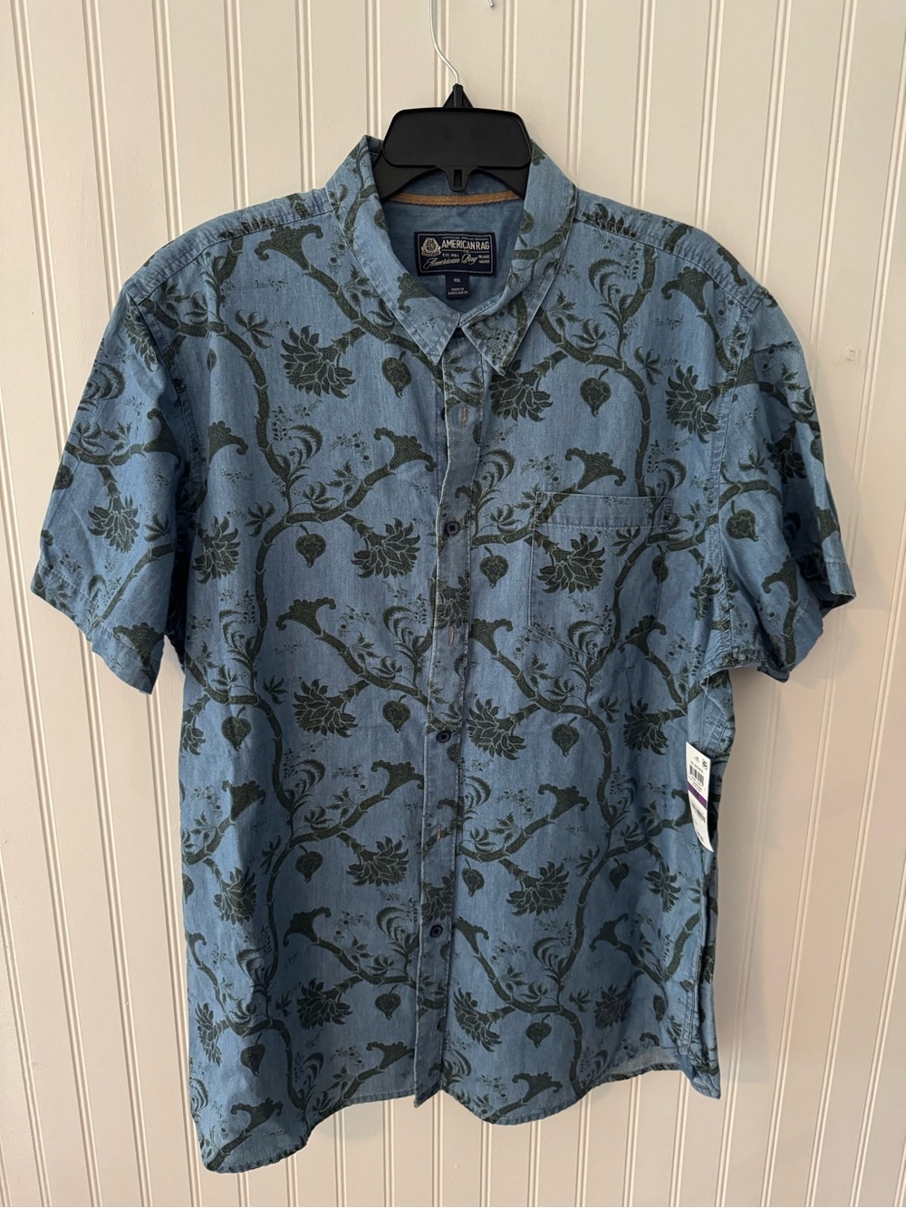 American Rag Denim-Blue Short Sleeve Button-Down with Dark Green Floral Print